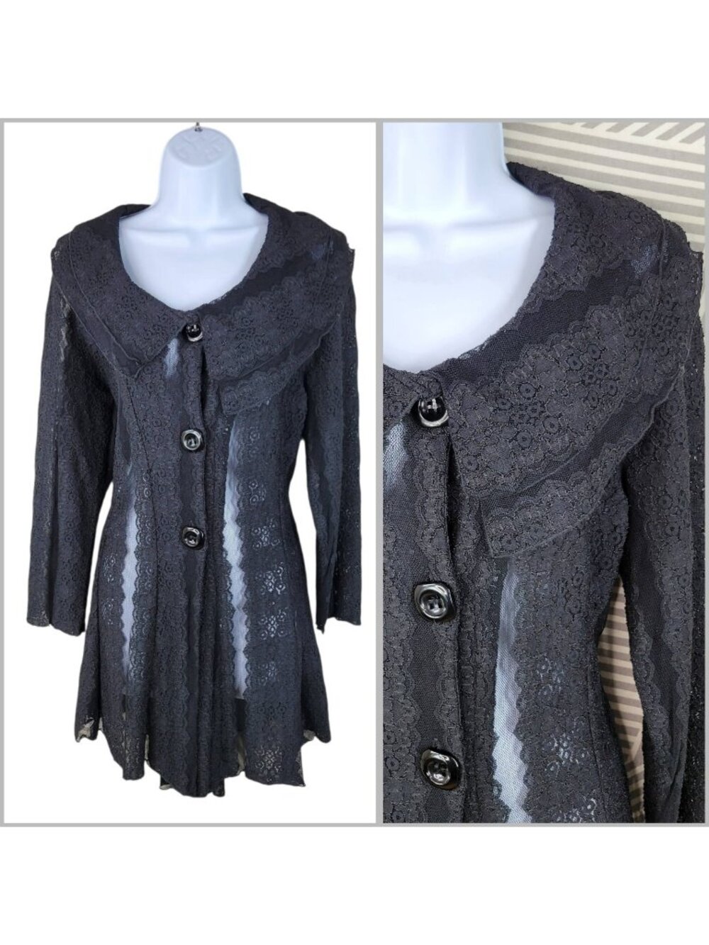 Vintage Seven Karat Jacket Large Romantic Whimsigoth Alt Lace Mesh Black Flare